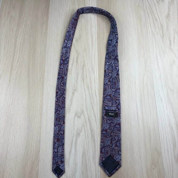 Hogo Boss Mens Purple & White Paisley Print Silk Office Wear Tie 60x3 Inches - Picture 6 of 12